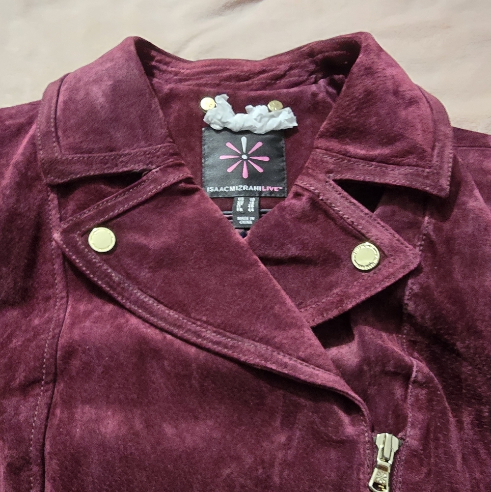 Isaac Mizrahi Live Suede Leather Moto Burgundy Wine Asymmetrical Zip Jacket US10 - Picture 6 of 10